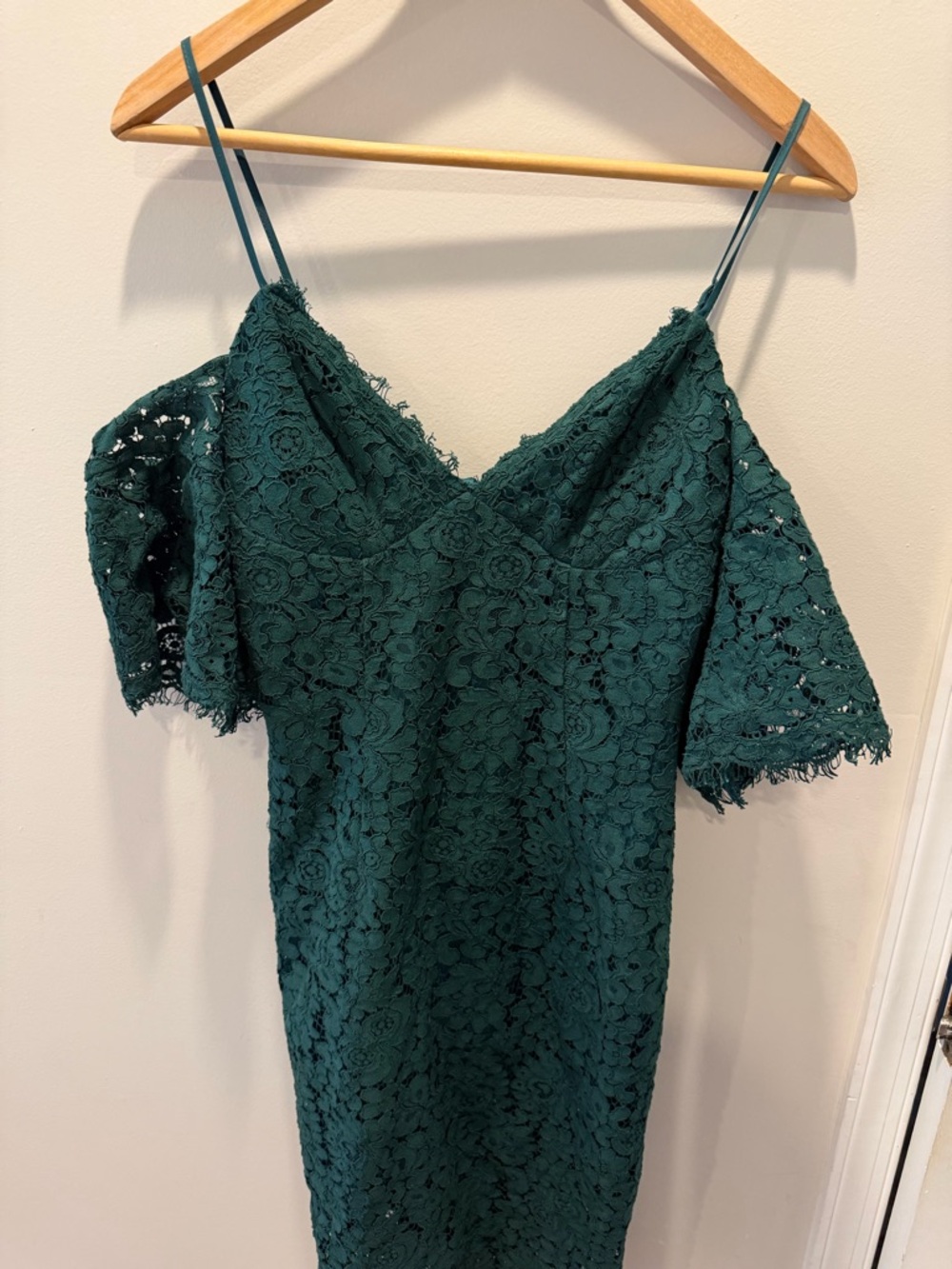Lace Off-Shoulder Slip Dress in Deep green